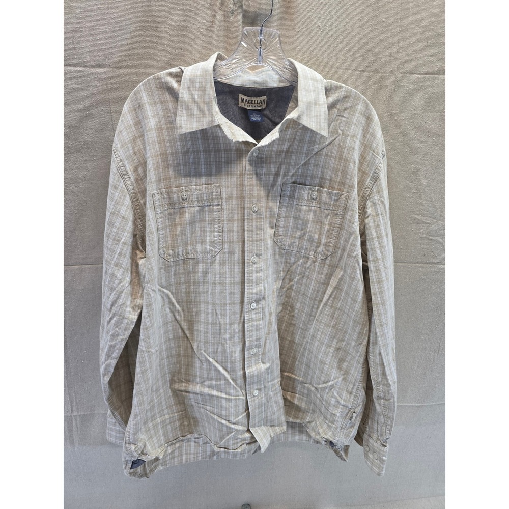 Magellan Sportswear Mens XL Tan White Plaid Cotton Button Down Shirt Long Sleeve